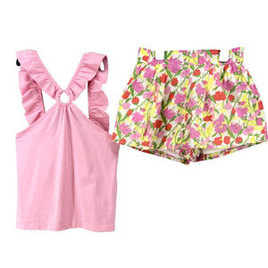 NWT Janie And Jack 2pc SET Girls Sz 8 Floral Shorts Pink‎ Top Ruffle Strap